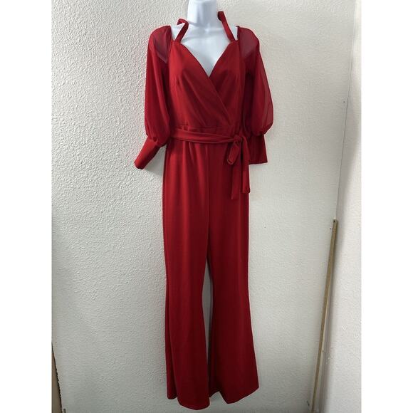Fashion Nova Red Cold Shoulder Wide Leg Jumpsuit Belted Falling For Your Charm M - Picture 1 of 16